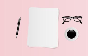Blank white paper with space for text with coffee cup, pen and eyeglasses