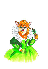 Beautiful brown dog in an green dress with a high white collar. In the paw of the dog is a fir branch with a cone. Hand drawn by markers. Can be used for printing on postcards, various winter things.