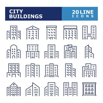 City buildings icons. Offices, school, hospital, City constructions line icon set. Vector illustration. Editable stroke.