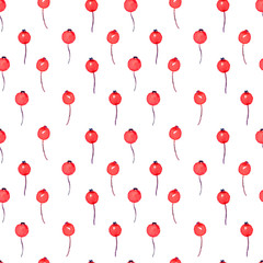 Red small berries, hand painted watercolor illustration, seamless pattern design on white background