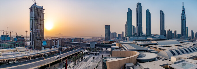 Downtown Dubai at the Dubai Mall in Dubai, United Arab Emirates at sunrise.