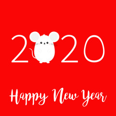 Fototapeta na wymiar White mouse. Happy New Year 2020 sign symbol. Merry Christmas. Cute cartoon funny kawaii baby character. Flat design. Red winter background.