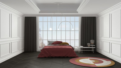 Classic colored bedroom with stucco walls and big panoramic window on winter landscape, herringbone parquet floor, bed with pillows, curtains, carpet. Contemporary interior design