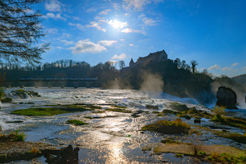 The Rhine Falls near the city Schaffhausen in Switzerland in autumn.