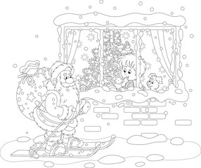 The night before Christmas, a little boy looking through a window at Santa Claus skiing with his big bag of holiday gifts, black and white vector cartoon illustration