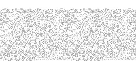 Gold Foil Hand Drawn Doodle Swirls, Swashes Vector Seamless Horizontal Pattern Border. Whimsical Decorative Background
