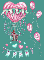 watercolor illustration - heart shaped balloon for valentines day