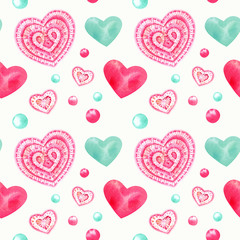 seamless pattern of watercolor hearts of pink and mint colors