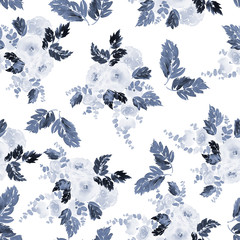 Seamless summer pattern with watercolor flowers handmade in indigo