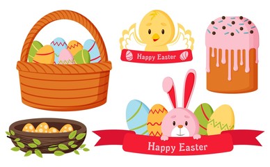 Easter set. Cake, Easter eggs in a basket, rabbit and chicken. Templates for stickers, postcards, prints.