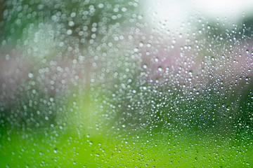 Water drops on a glass texture with green nature background