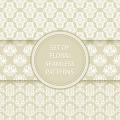 Olive green and white floral seamless backgrounds. Compilation of patterns