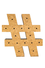 Hashtag Icon made of wood. Wooden hashtag with black holes on white background.