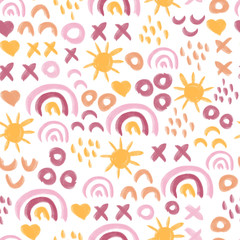 Seamless abstract kids painted sun and rainbow pattern. Doodle background children. Hand drawn repeating simple geometric abstract design for kids decor, fabric, banner, surface pattern design