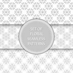 Gray and white floral seamless patterns. Compilation of designs with flowers