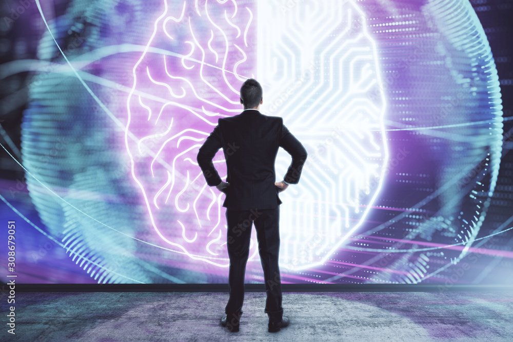Poster man and brain icon hologram. double exposure. concept of data development