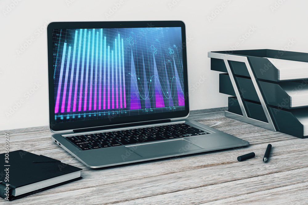 Aufkleber laptop closeup with forex graph on computer screen. financial trading and education concept. 3d rend