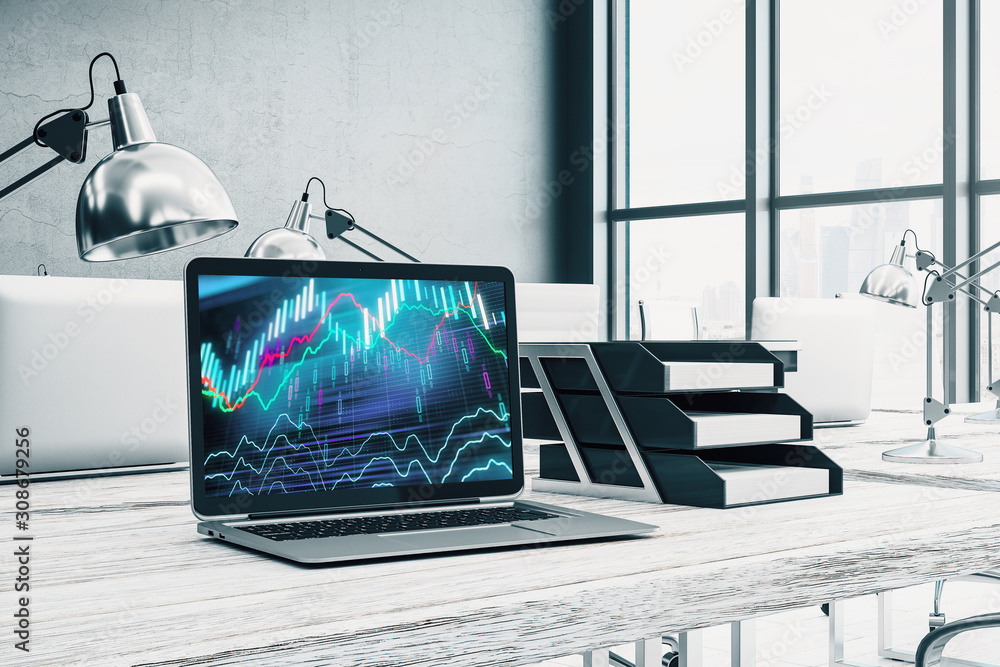 Poster cabinet desktop interior with financial charts and graphs on computer screen. concept of stock marke