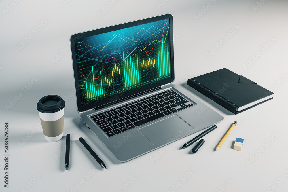 Poster laptop closeup with forex graph on computer screen. financial trading and education concept. 3d rend