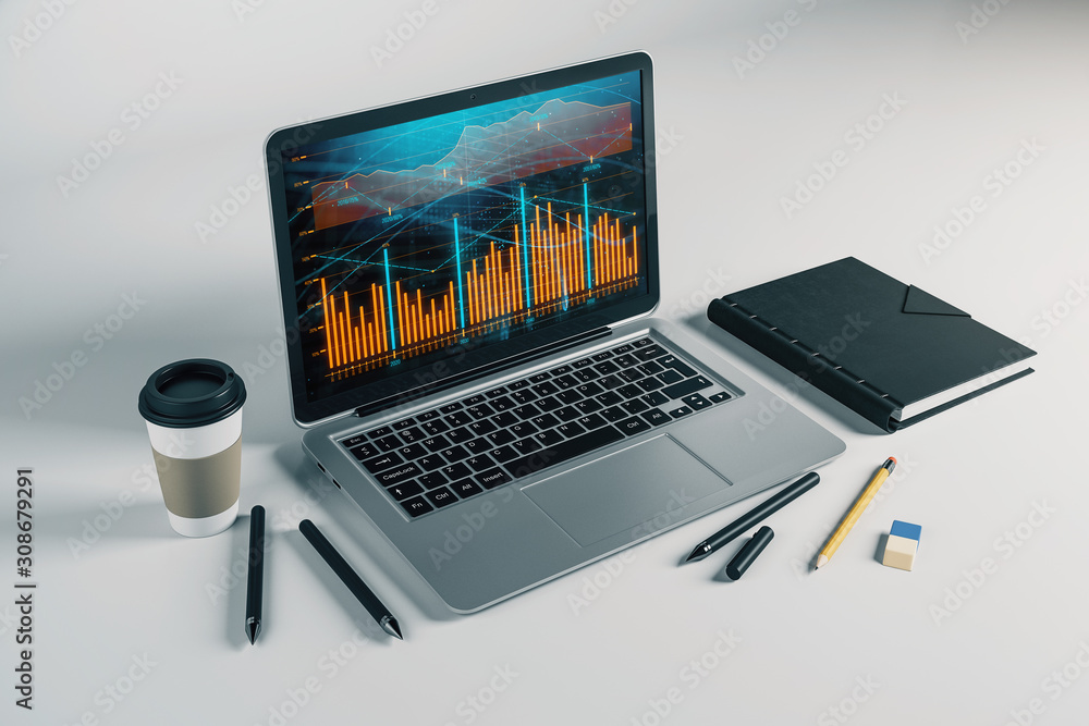 Poster laptop closeup with forex graph on computer screen. financial trading and education concept. 3d rend
