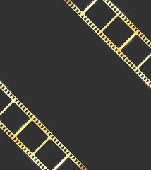 Realistic 3D gold cinema film strip isolated on grey background. Festive design cinema film reel frame with place for text. Vector template movie for advertisement, poster, brochure, banner, flyer.