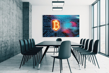 Conference room interior with bitcoin theme screen on the wall. Blockchain concept. 3d rendering.