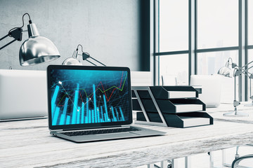 Cabinet desktop interior with financial charts and graphs on computer screen. Concept of stock market analysis and trading. 3d rendering.
