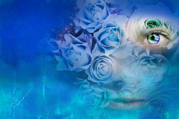 Female art portrait in blue roses and tones