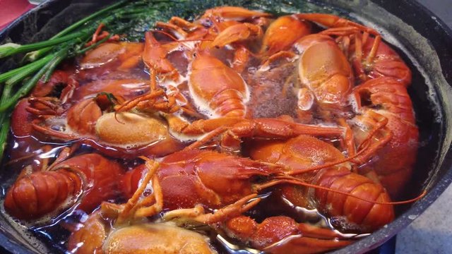 Cooking freshwater crayfish in a pan.