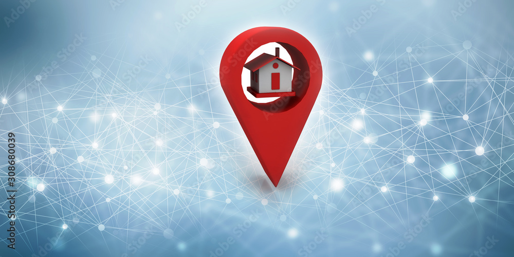 Aufkleber 3d illustration search for property.a map with large red gps pointer containing