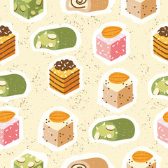 Vector seamless pattren collection of turkish sweets with coconut flakes and nuts. Assortment of tasty oriental sweets or rahat lokum.