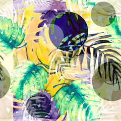 Watercolor abstract seamless background, pattern, spot, splash of paint, blot, divorce, color. leaves of a tree, palms, abstract splash. green paint color. Tropical leaves.Multicolored art background.