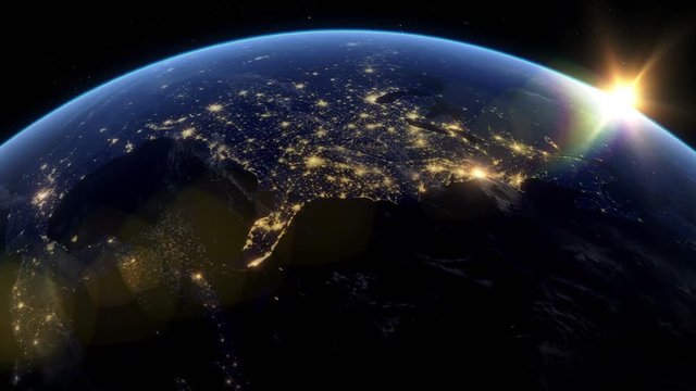 Beautiful Sunset over North America. City Lights at Night. Planet Earth from Space. View from Space Satellite. 4k 3d Rendering. Images from NASA.