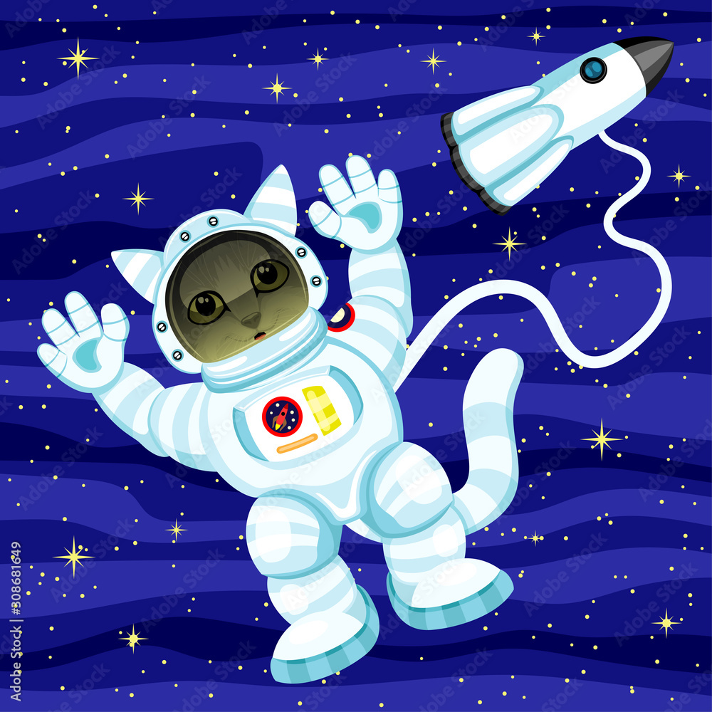 Wall mural cat astronaut in outer space and space rocket.