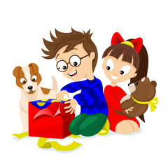 Happy kids and dog with Christmas gifts on white background.