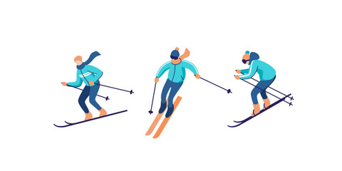 Vector illustration of skiers. Sports men in the ski resort. Winter seasonal activity.