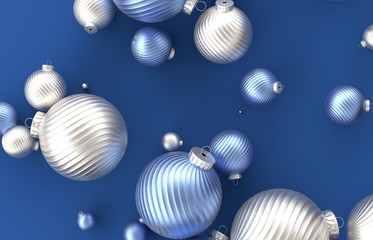 Christmas 3d decoration with Christmas ball on blue background. Christmas, winter, new year concept. Flat lay, top view.