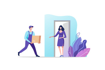 Delivery service. Woman receiving parcel from courier on doorstep. Vector illustration. - obrazy, fototapety, plakaty