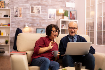 Elderly old couple using modern laptop to chat with their grandson