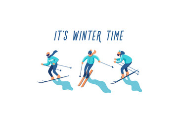 Fototapeta na wymiar Vector illustration of skiers on mountain with text. Sports men in the ski resort. Winter seasonal activity.