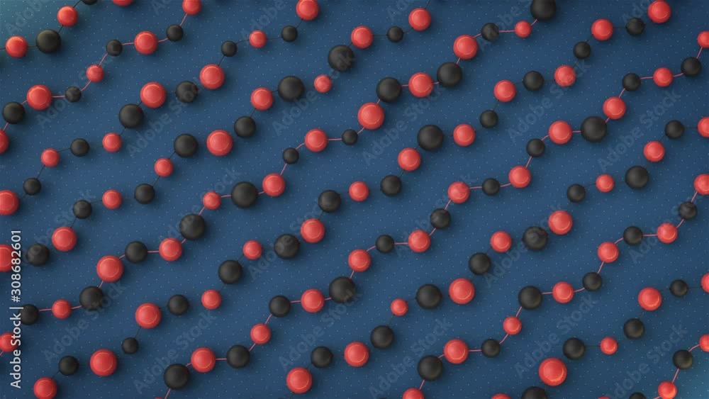 Poster abstract 3d render with move black and red spheres on blue background.