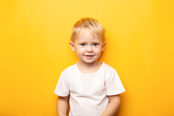 2 years portrait of little blond happy caucasian blue eyes baby boy wearing on white t shirt on...