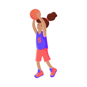 Girl basketball player with the ball. Child plays basketball. Colorful cartoon illustration in flat vector. Children s sport. Sports team games. Healthy Lifestyle. Games with the ball.