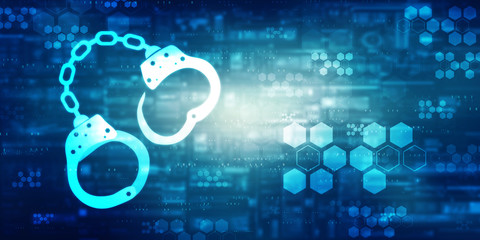 2d illustration Cyber Security concept: pixelated handcuffs icon on digital background, Cyber crime concept