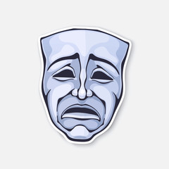 Vector illustration. Theatrical drama mask. Vintage opera mask for tragedy actor. Face expresses negative emotion. Movie industry. Sticker with contour. Isolated on white background
