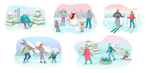Set of people involved in winter activity. Family on holiday or vacation. Vector illustration concept.