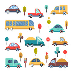 Kids set with cars, buses, trucks and trees. Transport collection on white background