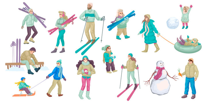 Set Of People Involved In Winter Activity. Family Lifestyle. Vector Illustration