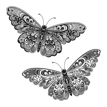 Hand drawn outline set of black zentangle butterflies on white background