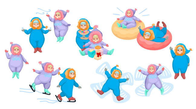 Set of little kids playing outdoors in winter. Vector illustration